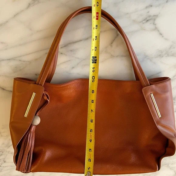 Kattee Cognac Brown Pebbled Leather Hobo Shoulder Bag Fringe Tassel Gold Accent - Picture 2 of 15